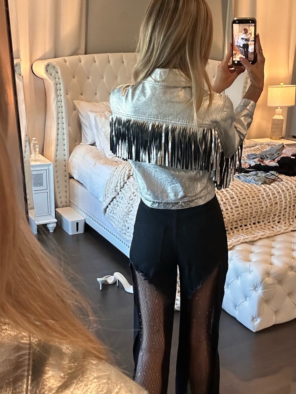 Jules Kae Talia Fringe Silver Metallic Fringe Cropped Jacket - Picture 7 of 8